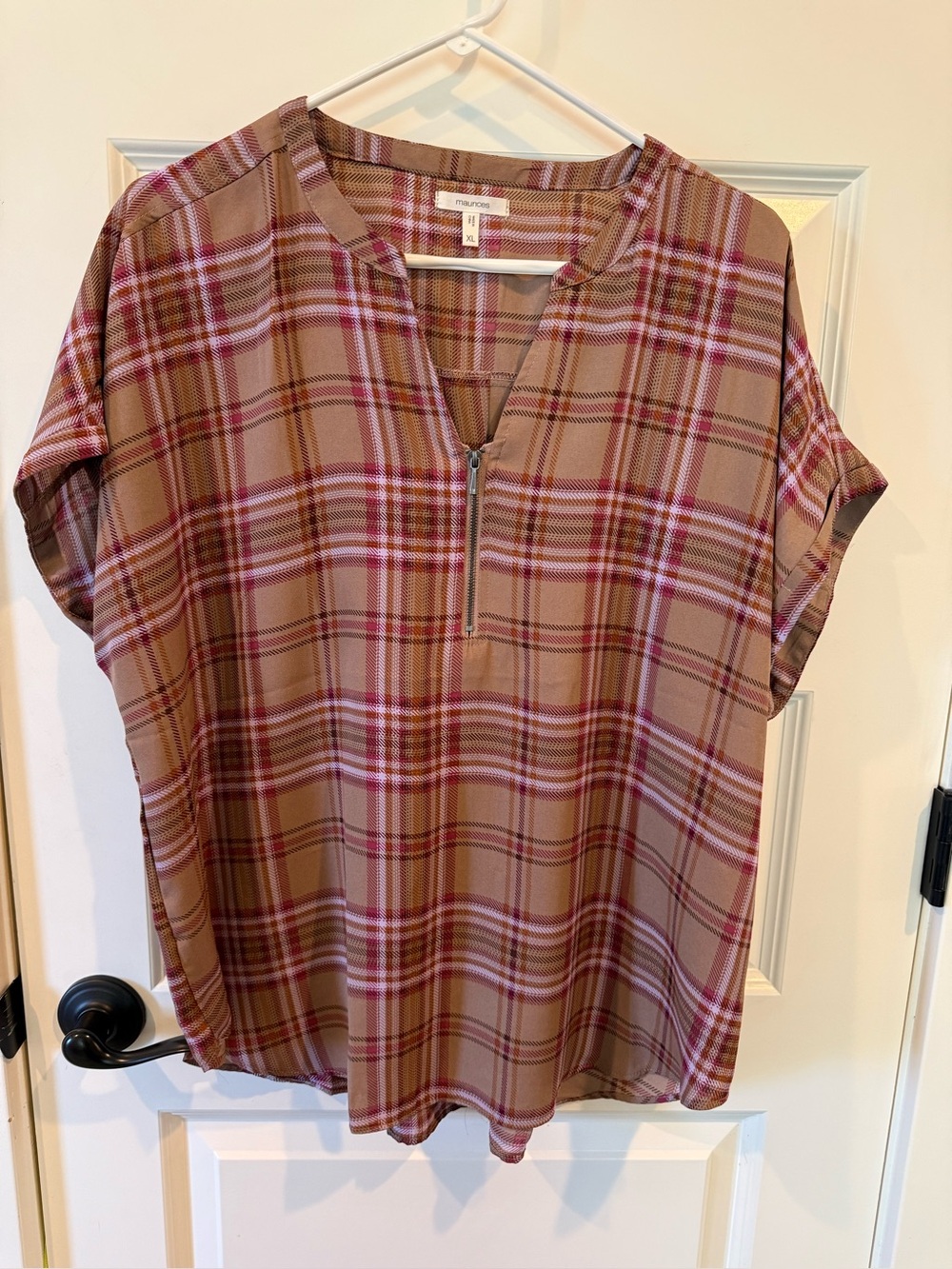 Maurices Tan and Pink Plaid Zip-Front Women's Top